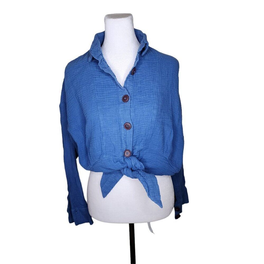 Free People Blouse Top Blue Sunstreaks Boho Casual Tie Front Shirt Womens XS